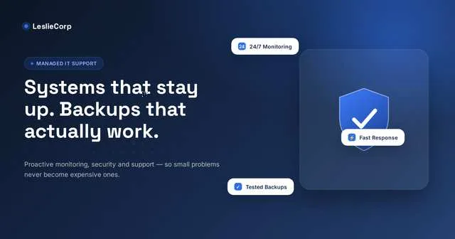 Managed IT support illustration with 24/7 monitoring, tested backups and fast response