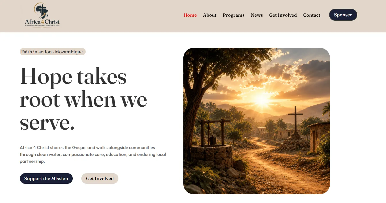 Africa 4 Christ website home page designed by LeslieCorp